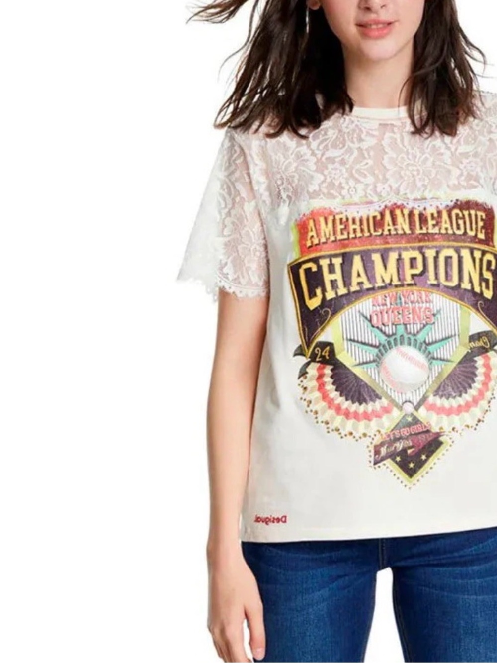 Desigual Baseball NY Queens Tee Shirt with Lace Detailing sleeves - Picture 12 of 12